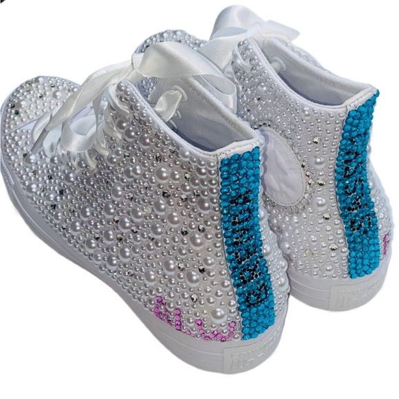 Crystal Diamond & Pearls High Top Converse Sizes 5-14 New With Ribbon Laces - Picture 4 of 15